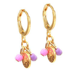 Pendientes de oro moneda rosa morado