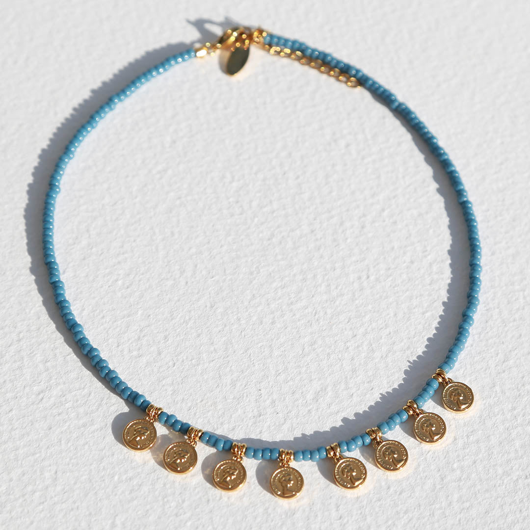 Miyuki necklace with gold coins blue
