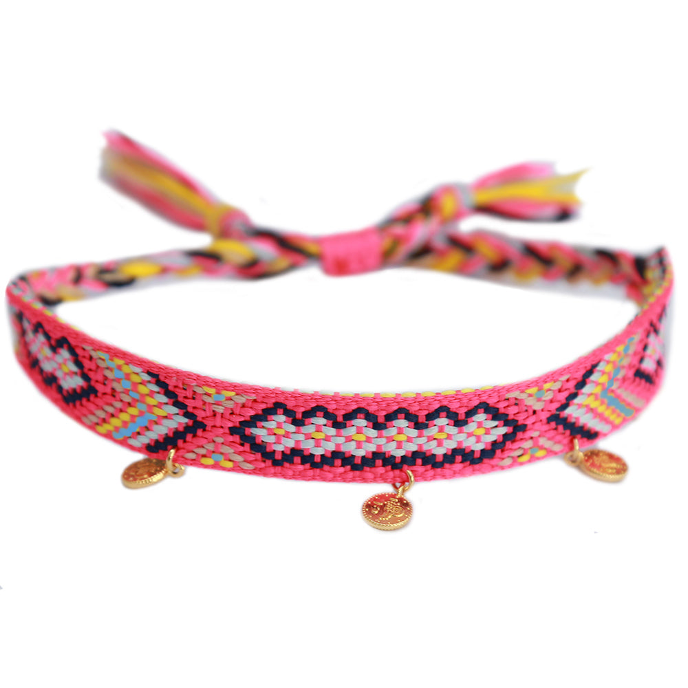 Bracelet de cheville en coton aztèque rose pièce dorée