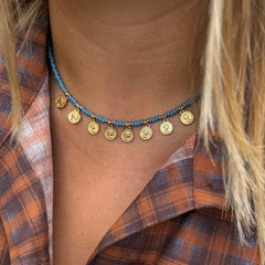 Miyuki necklace with gold coins blue