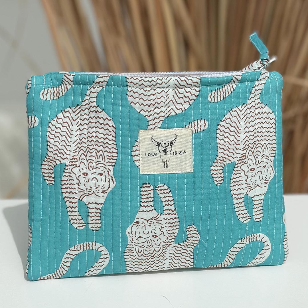 Make up tasje luipaard turquoise