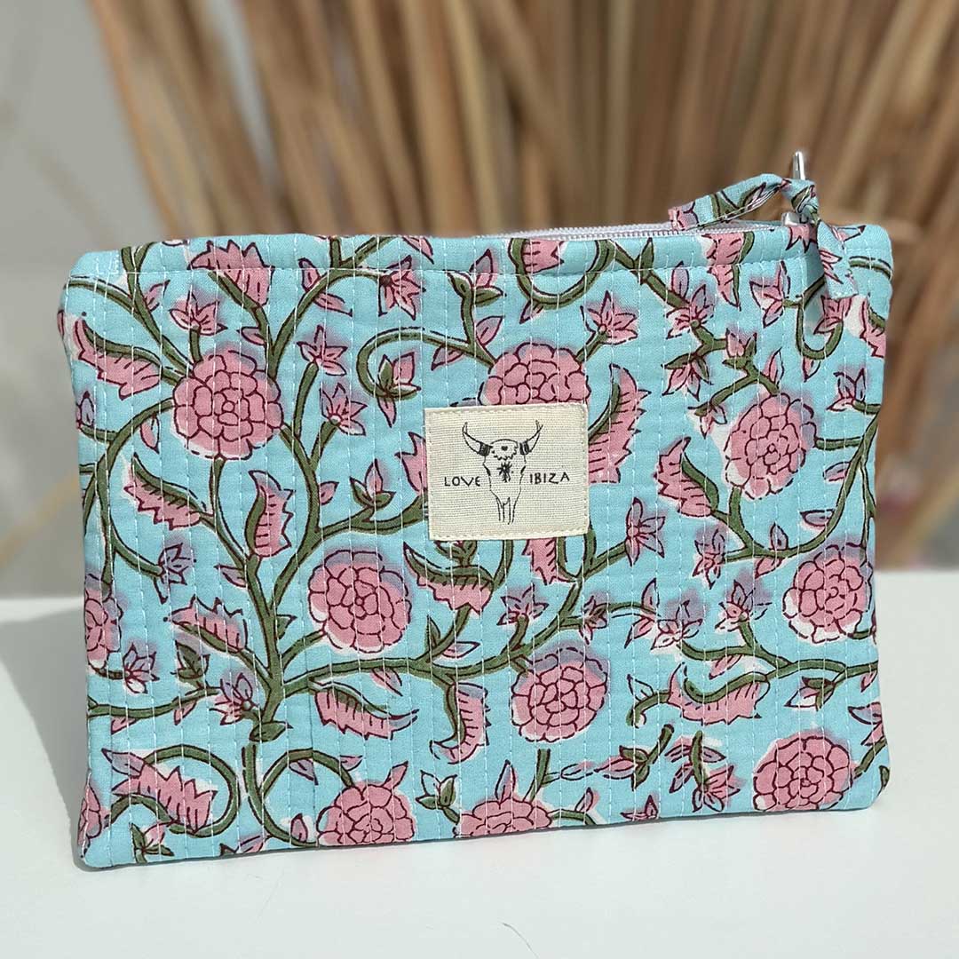 Make up tasje turquoise bloem