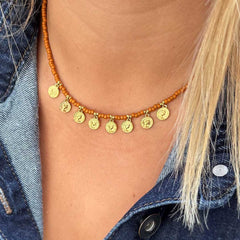 Miyuki necklace with gold coins cognac