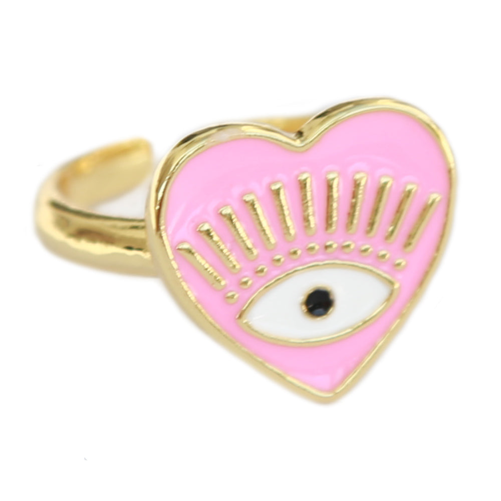 Anillo de oro con ojo malvado y corazón rosa