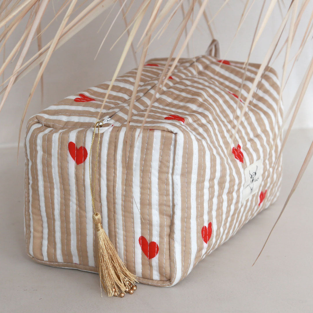 Blockprint toiletry bag heart beige