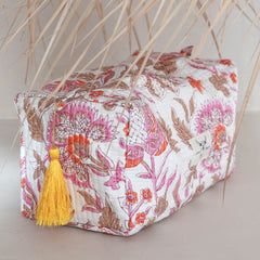 Blockprint floral toiletry bag white beige