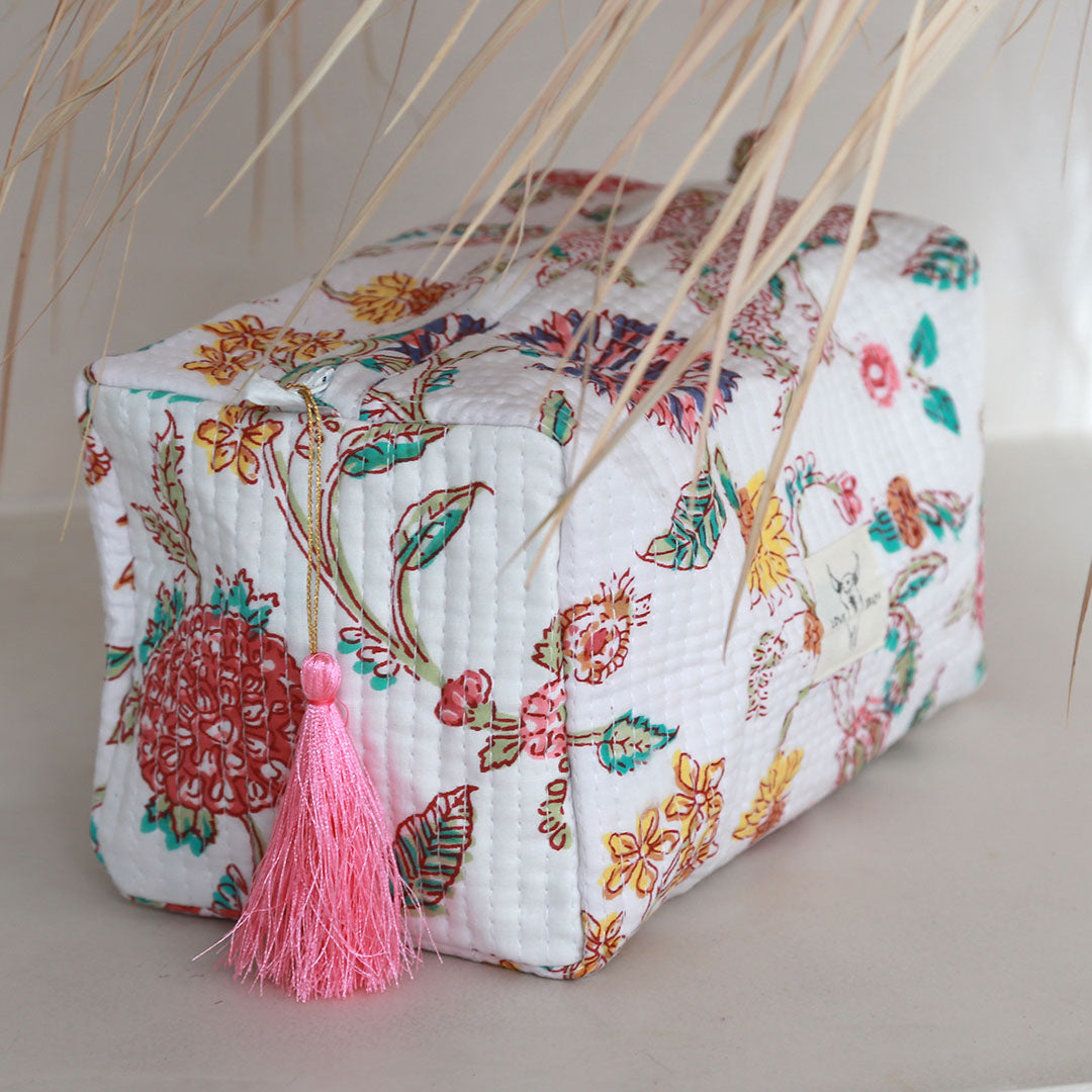 Blockprint toiletry bag wildflower white
