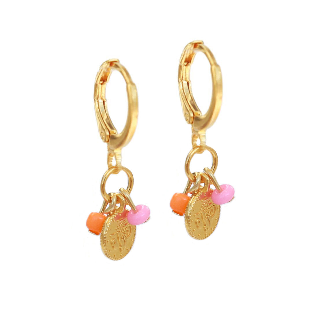 Gold earrings coin orange pink